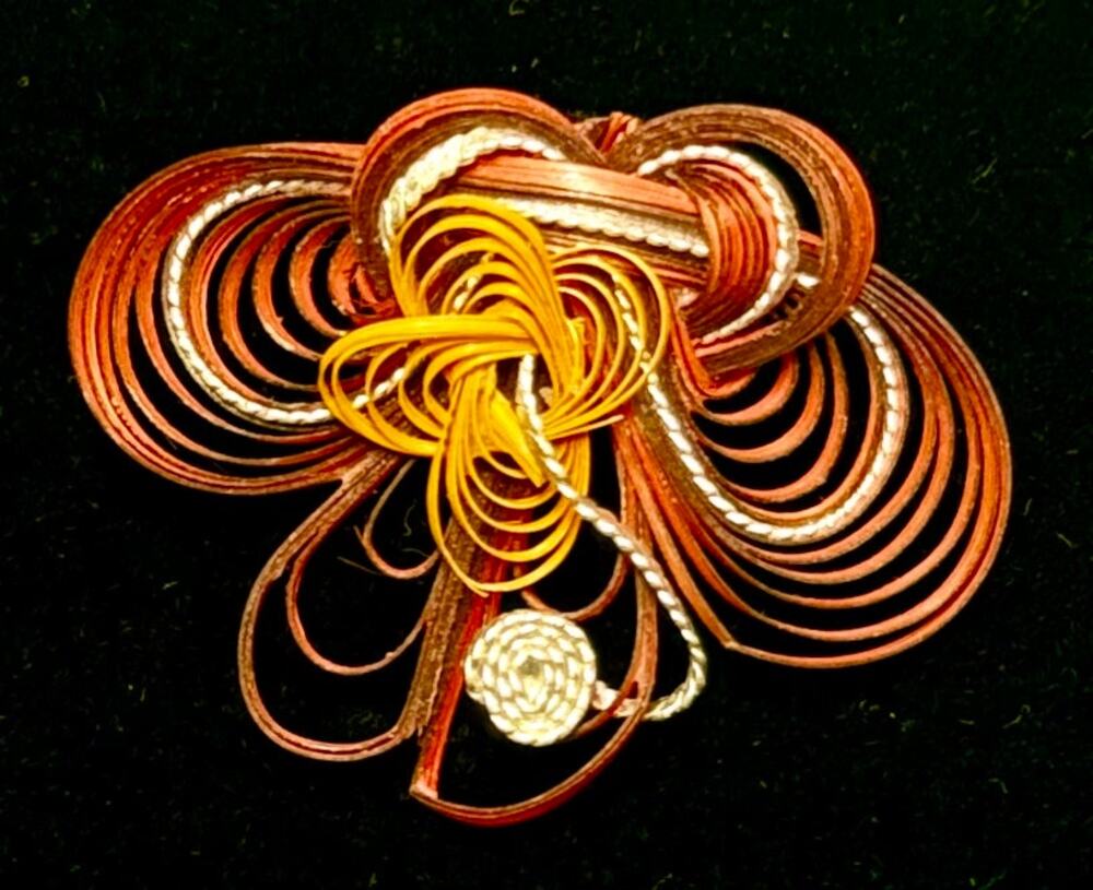 VTG Mid-Century Raffia Ribbon Bow Brooch Pin Brown & Yellow Looped Fiber Art